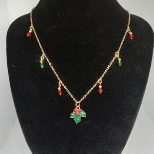 Hand Crafted Gold and Green Holly Necklace